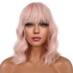 LANCAINI Short Bob Wigs with Bangs for Women Loose Wavy Wig Curly Wavy Shoulder Length Bob Synthetic Cosplay Wig for Girl Colorful Costume Wigs (Peach Fuzz)