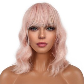 LANCAINI Short Bob Wigs with Bangs for Women Loose Wavy Wig Curly Wavy Shoulder Length Bob Synthetic Cosplay Wig for Girl Colorful Costume Wigs (Peach Fuzz)