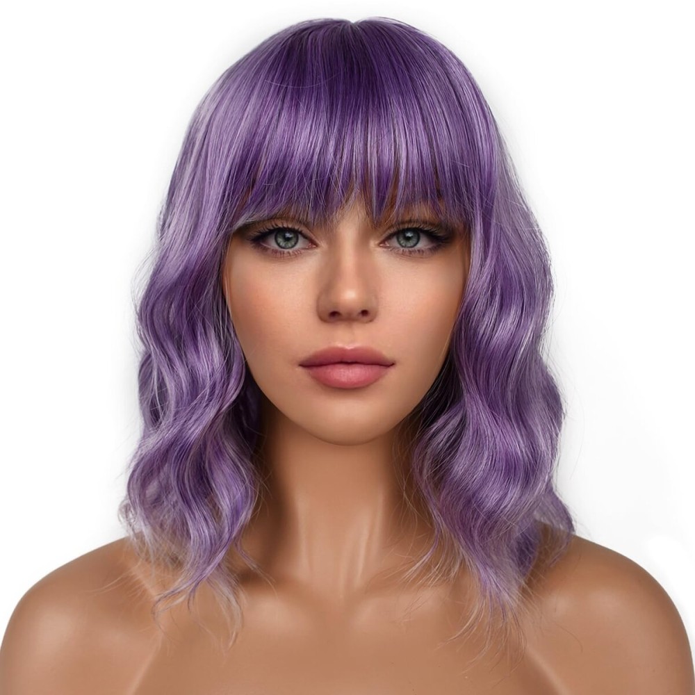 LANCAINI Short Bob Wigs with Bangs for Women Loose Wavy Wig Curly Wavy Shoulder Length Bob Synthetic Cosplay Wig for Girl Colorful Costume Wigs (Violet)