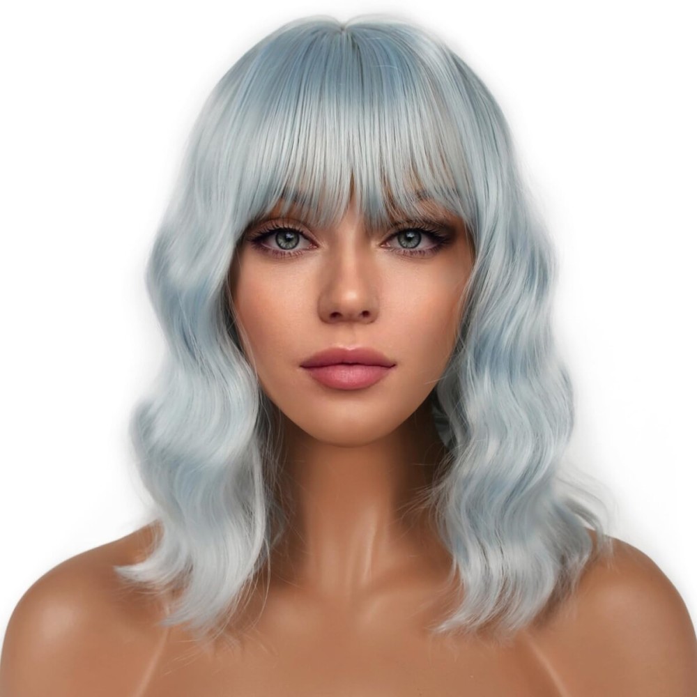 LANCAINI Short Bob Wigs with Bangs for Women Loose Wavy Wig Curly Wavy Shoulder Length Bob Synthetic Cosplay Wig for Girl Colorful Costume Wigs (Ice Blue)