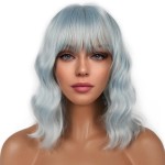 LANCAINI Short Bob Wigs with Bangs for Women Loose Wavy Wig Curly Wavy Shoulder Length Bob Synthetic Cosplay Wig for Girl Colorful Costume Wigs (Ice Blue)