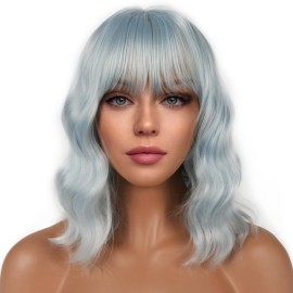 LANCAINI Short Bob Wigs with Bangs for Women Loose Wavy Wig Curly Wavy Shoulder Length Bob Synthetic Cosplay Wig for Girl Colorful Costume Wigs (Ice Blue)