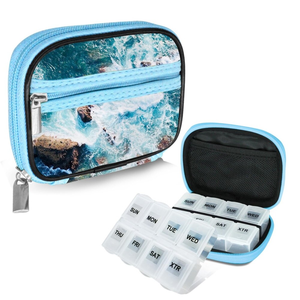 Serfeymi Weekly Travel Pill Organizer Pill Case for Purse with Removable 7 Day Pill Box, Fashionable Travel Medicine Organizer Pill Container for Medicine, Vitamin, Supplement - Blue 03 + Pill Box