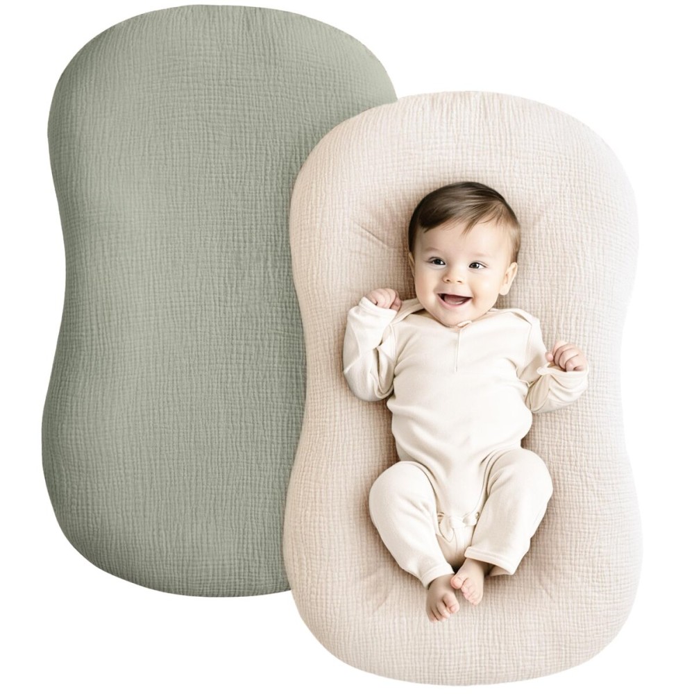 Konssy Muslin Baby Lounger Cover 2 Pack, 100% Cotton Newborn Lounger Cover, Soft and Breathable Lounger Cover for Boys Girls, Covers Only (Fog Green,Cream)
