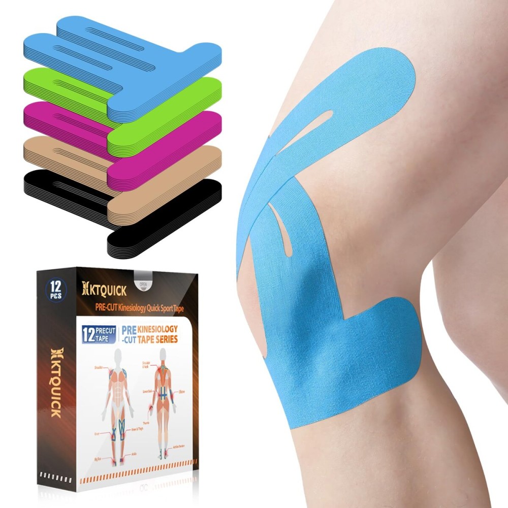 PreCut Kinesiology Tape for Knees, 12 PCS Waterproof KTQUICK Knee Tape for Knee Pain Relief Pre Cut, Original Cotton Athletic Knee Tape, Waterproof & Hypoallergenic Latex-Free for Sports (Blue)