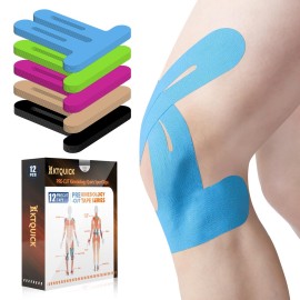 PreCut Kinesiology Tape for Knees, 12 PCS Waterproof KTQUICK Knee Tape for Knee Pain Relief Pre Cut, Original Cotton Athletic Knee Tape, Waterproof & Hypoallergenic Latex-Free for Sports (Blue)