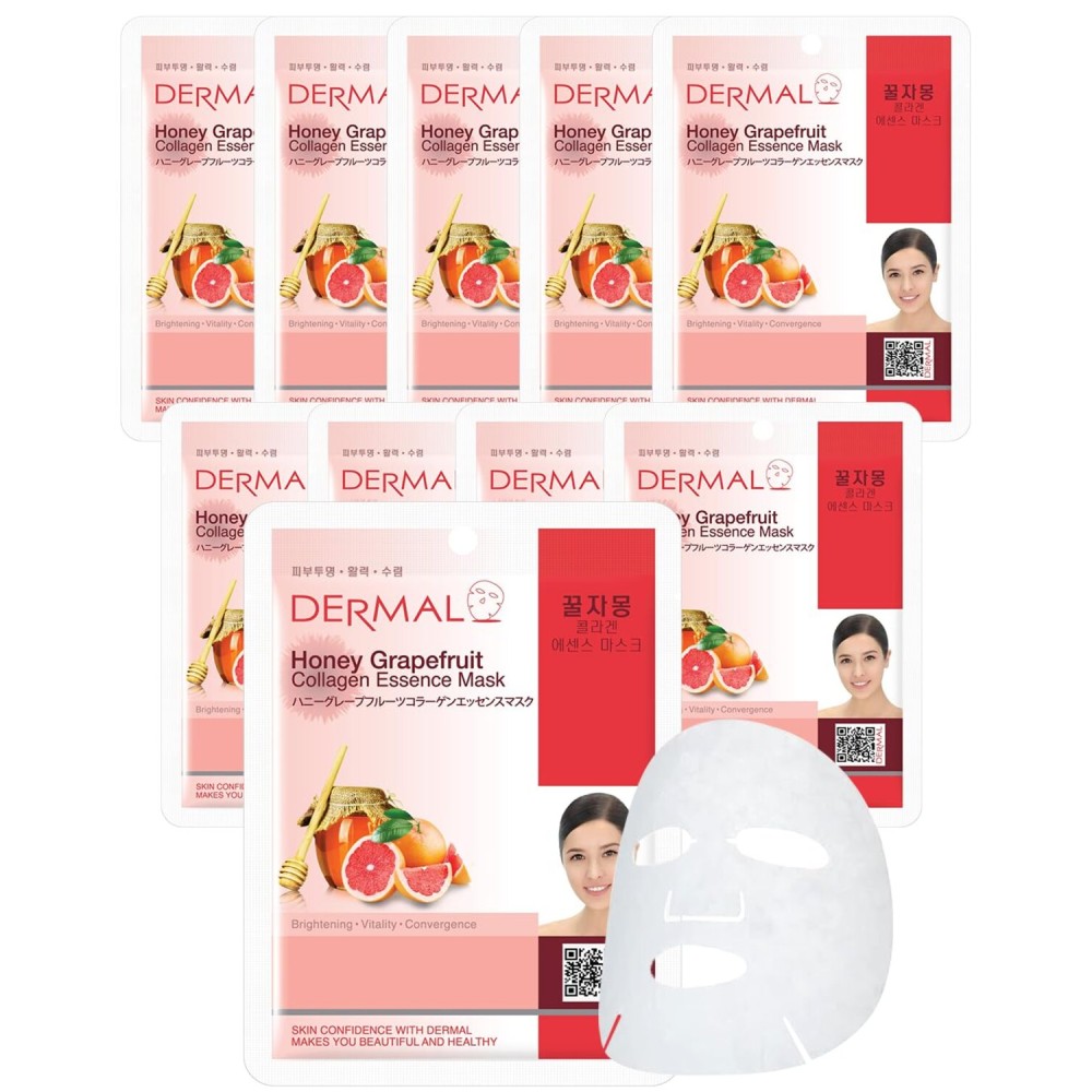 DERMAL Honey Grapefruit Collagen Essence Korean Facial Mask Sheet Pack of 10 - Rich in Vitamin C & Amino Acid - Hydrating, Evens Skin Tone & Dark Spots - Hypoallergenic Skin Friendly Sheet