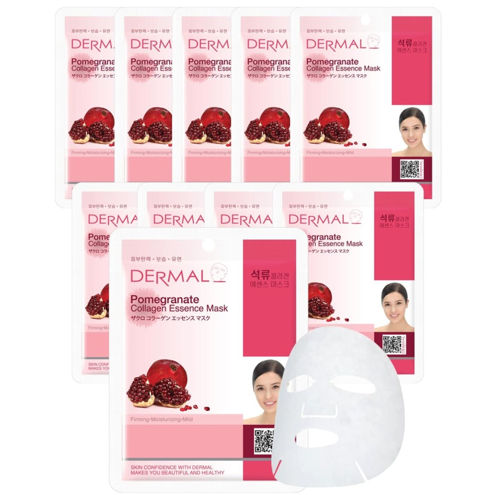 DERMAL Pomegranate Collagen Korean Facial Mask Sheet Pack of 10- Revitalizing, Vibrant Skin, Elasticity - Hypoallergenic Skin Friendly Sheet