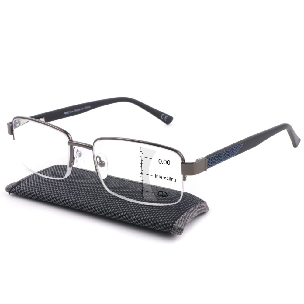 Missfive Mens Premium Multifocus Reading Glasses 0x on Top Center, Blue Light Blocking Far/Mid/Near Progressive Multifocal Readers Metal Frame with No Broken Spring Hinge Eyeglasses, 2.0x, Blue