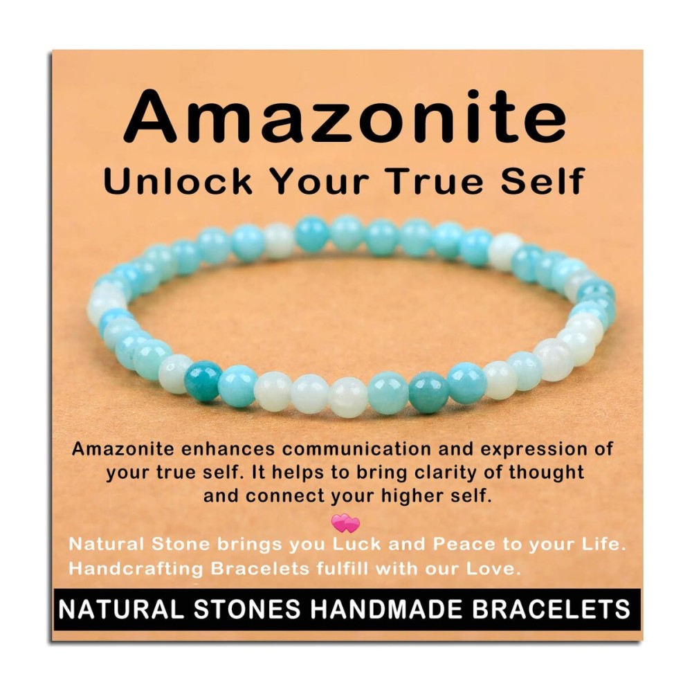 AD Beads Handmade Gemstone Stretch Elastic Bracelet Crystal Healing Reiki Nature\'s Beauty and Spiritual Essence Unisex (4mm, Amazonite (Unlock Your True Self))