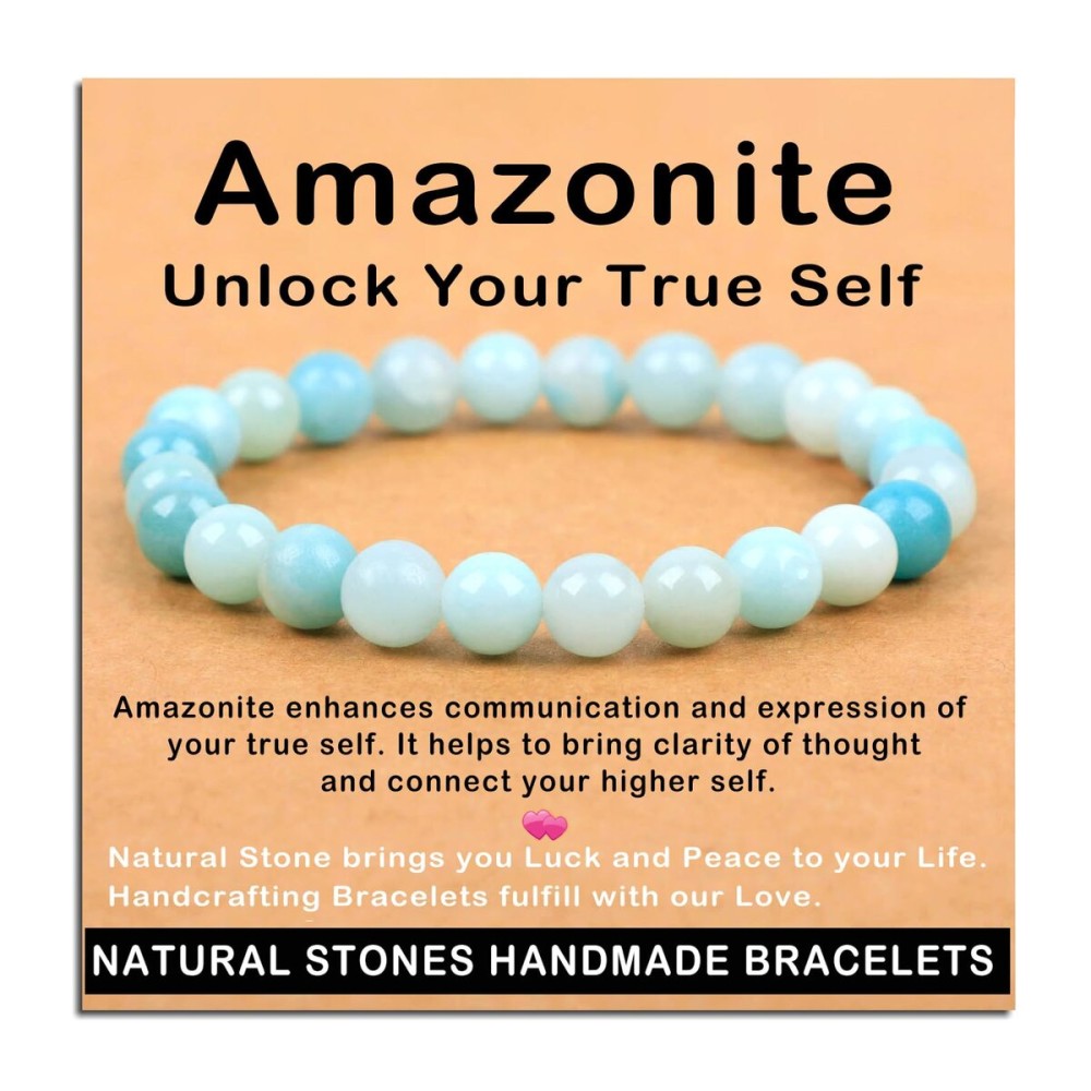 AD Beads Handmade Gemstone Stretch Elastic Bracelet Crystal Healing Reiki Nature\'s Beauty and Spiritual Essence Unisex (8mm, Amazonite (Unlock Your True Self))