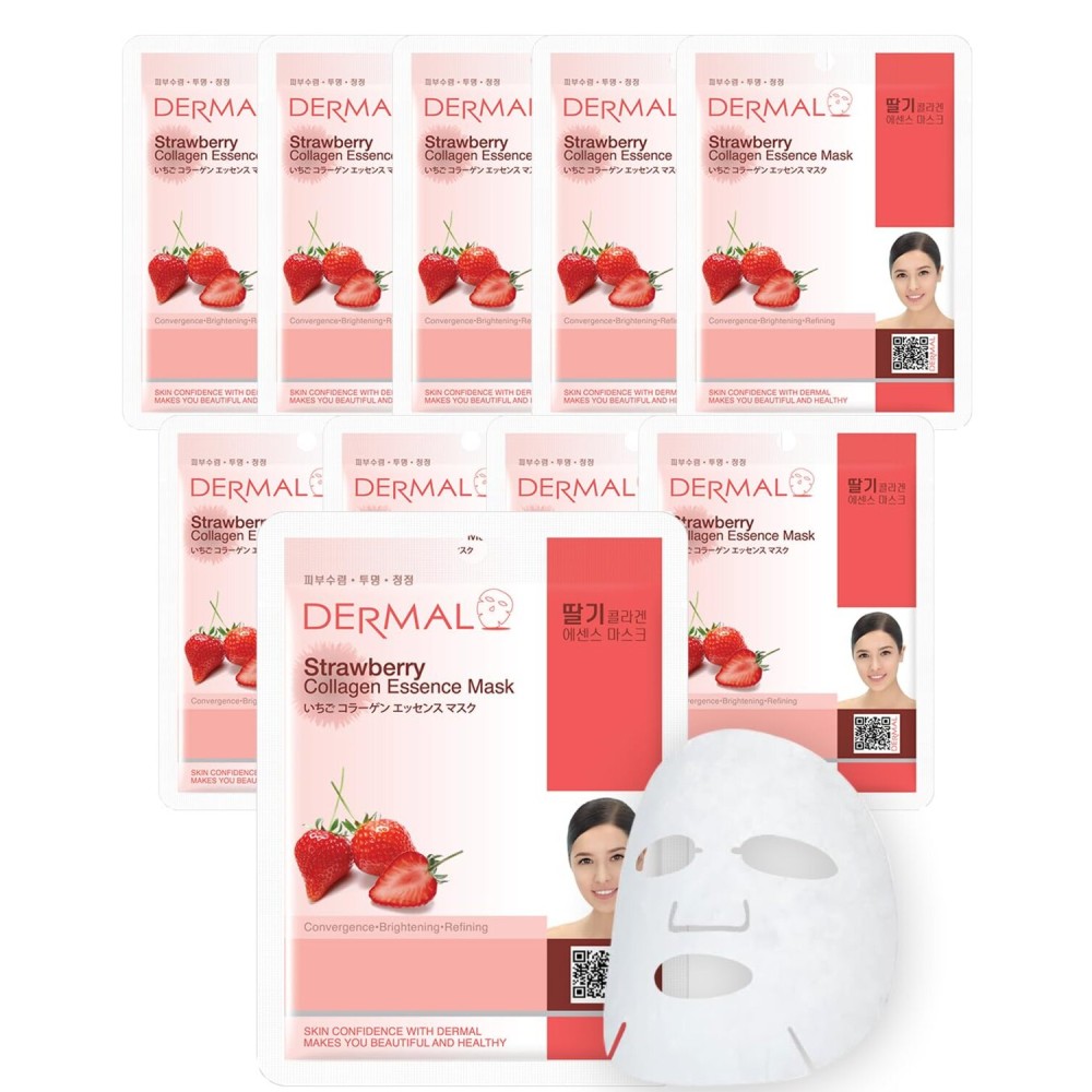 DERMAL Strawberry Collagen Essence Facial Mask Sheet 23g Pack of 10 - Pore Tightening & Sebum Control for Oily Skin, Hydrating Daily Skin Treatment Solution Sheet Mask
