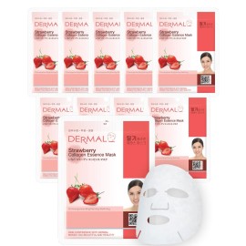 DERMAL Strawberry Collagen Essence Facial Mask Sheet 23g Pack of 10 - Pore Tightening & Sebum Control for Oily Skin, Hydrating Daily Skin Treatment Solution Sheet Mask