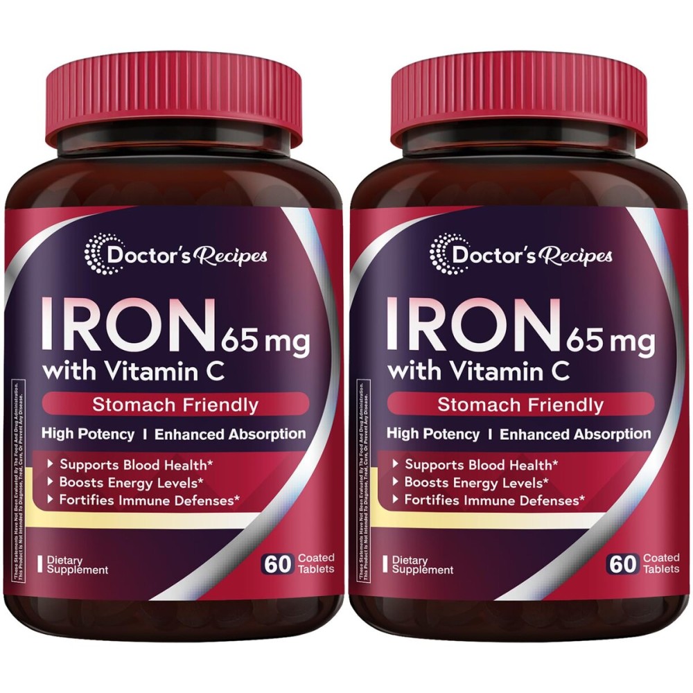 Doctor\'s Recipes Iron Supplement 65 mg with Vitamin C - Maximized Absorption & Stomach Friendly Iron Pills for Red Blood Cells Formation, Heart, Brain & Immunity Health - Vegan 120 Iron Tabs (2 Pack)