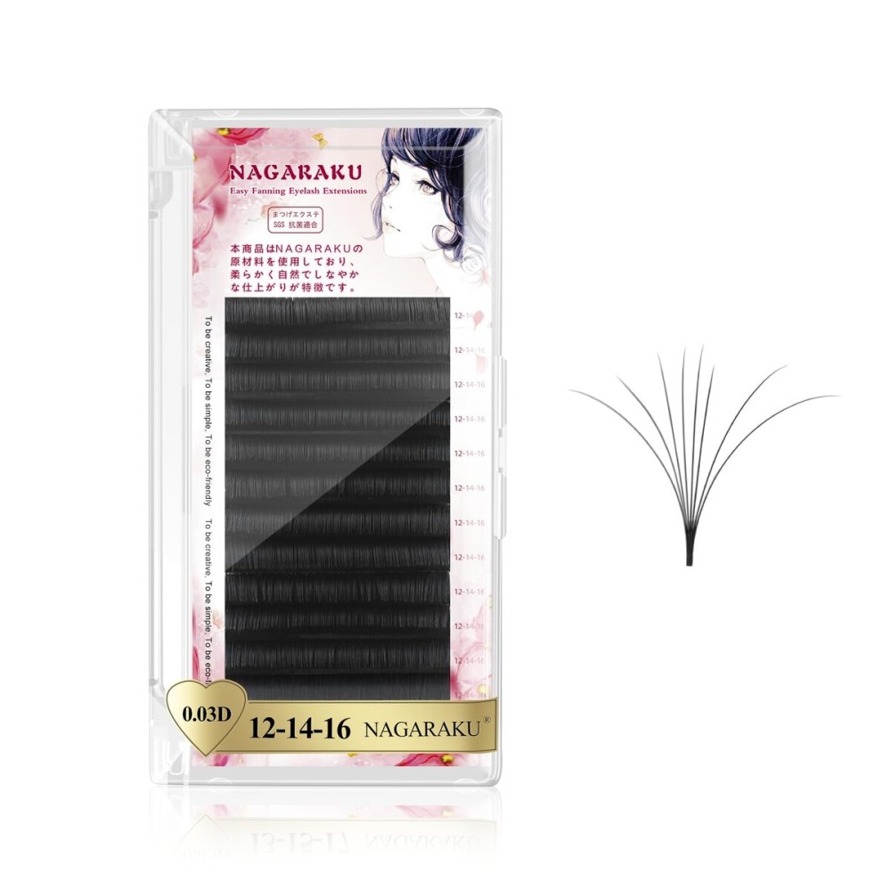 NAGARAKU Easy Fan Premade Fans Eyelash Extensions 3 Layers Self Blooming Mega Volume Eyelashes Rapid Automatic Flower Soft Pre-glued Lashes Pre Fanned Lash - 0.03D Curl -12-14-16mm MIX
