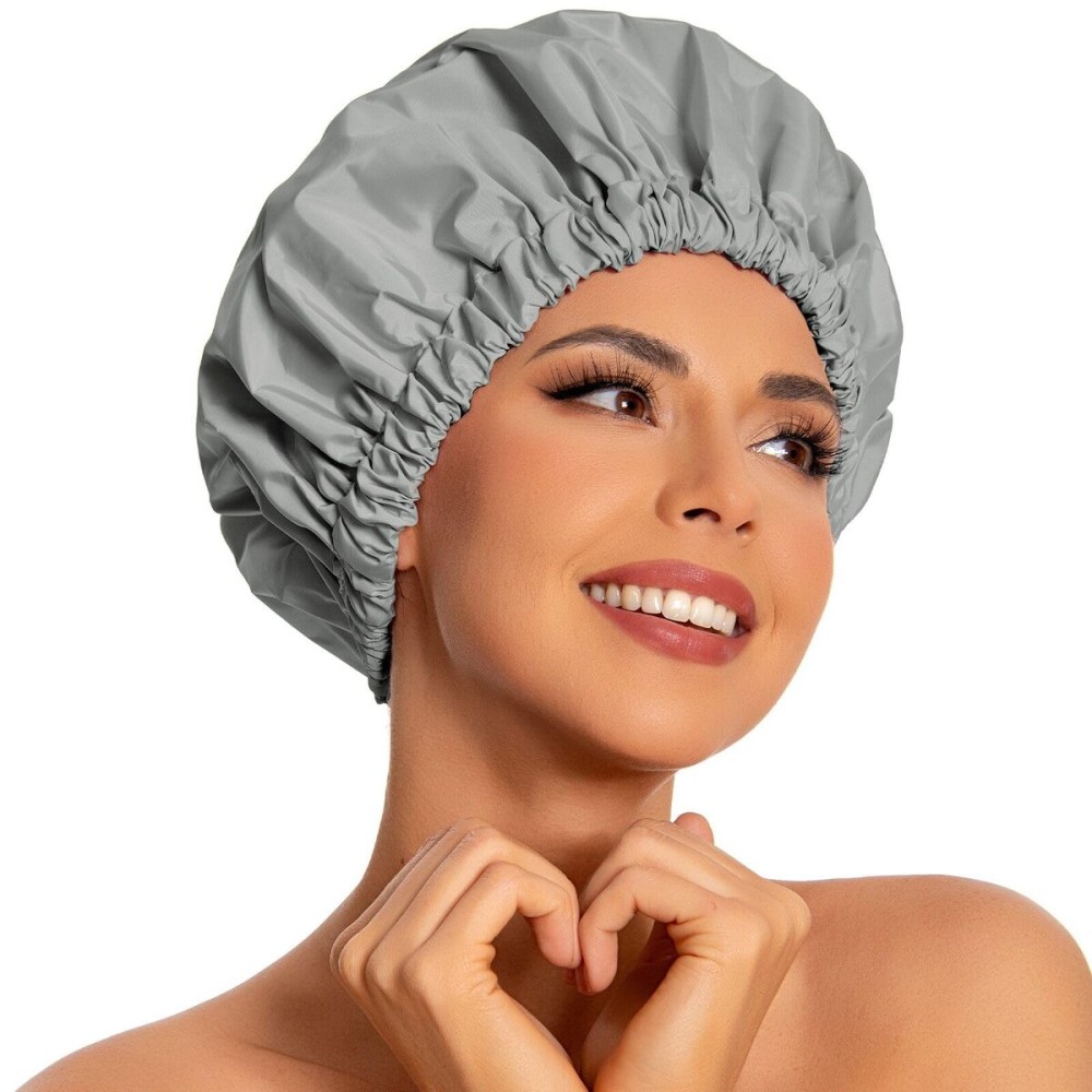 Reusable Shower Cap for Women, Large Waterproof Shower Essentials Bonnet Washable Elastic Band Bath Hair Wrap Hat for Long Hair, Braids(Dark Grey)
