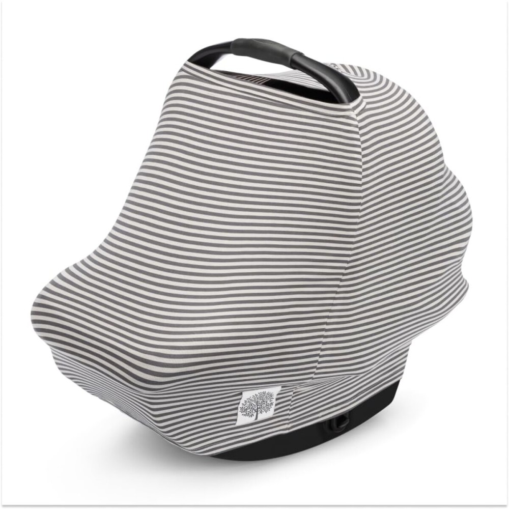 Parker Baby 4 in 1 Car Seat Cover for Girls and Boys - Stretchy Carseat Canopy, Nursing Cover, Grocery Cart Cover, High Chair Cover - Pewter/Snow Stripes