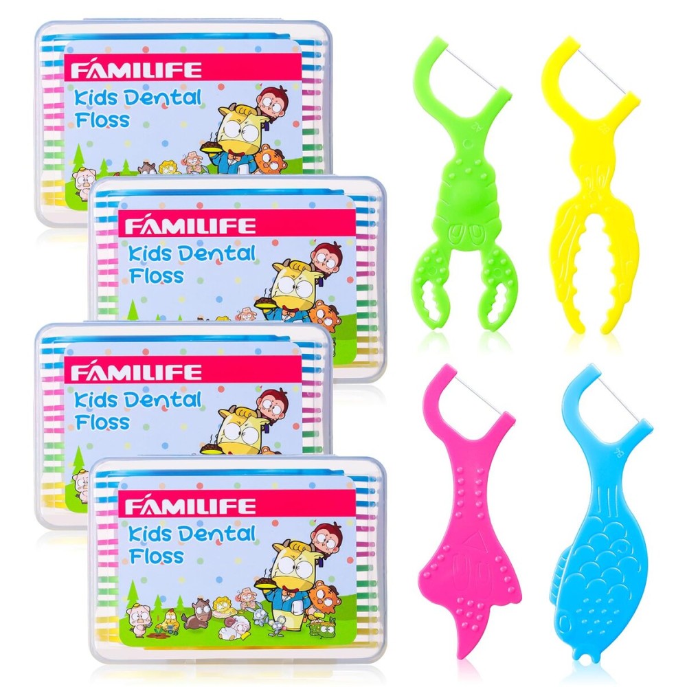 FAMILIFE Kid Floss Picks, 120 Pcs Kid\'s Dental Floss Pick Without Fluoride, Kid Flossers with 4 Travel Handy Cases, Helps to Fight Tooth Decay and Keep Your Kids Teeth Clean