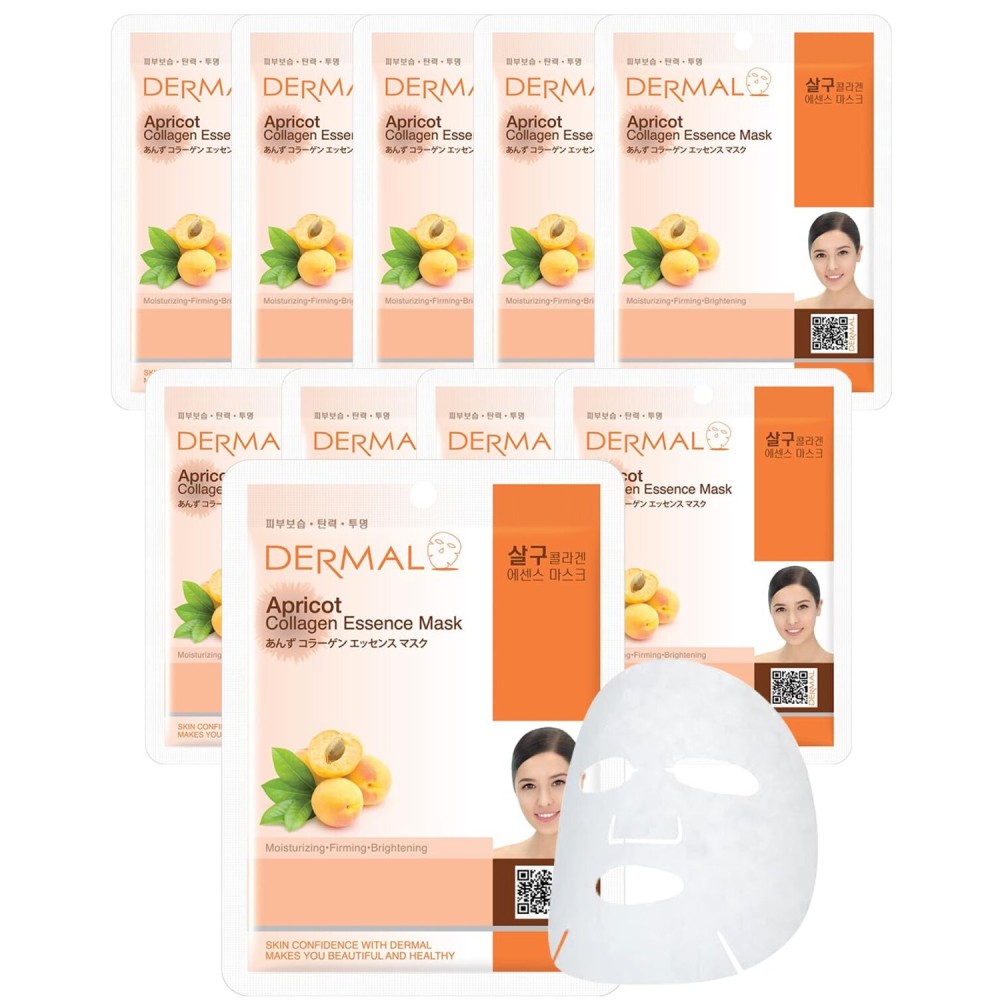 DERMAL Apricot Collagen Essence Korean Facial Mask Sheet Pack of 10 - Nourishing, Revitalizing Complexion, Skin Glow - Hypoallergenic Skin Friendly Sheet