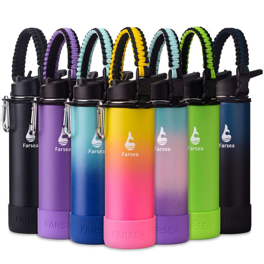 Farsea Insulated Water Bottle With Paracord Handle, Protective Boot and 2 Lids (Straw Lid & Spout Lid), Stainless Steel Water Bottle Wide Mouth, Double Wall Sweat-Proof BPA-Free, 24 oz