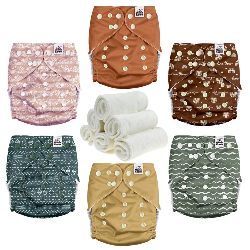 Mama Koala 3.0 Cloth Diapers for Babies with Suede Lining, 6 Pack with 6 Natural Cloth Diaper Inserts - Reusable and Washable Pocket Diapers (S-Classic & Timeless)