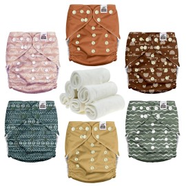 Mama Koala 3.0 Cloth Diapers for Babies with Suede Lining, 6 Pack with 6 Natural Cloth Diaper Inserts - Reusable and Washable Pocket Diapers (S-Classic & Timeless)