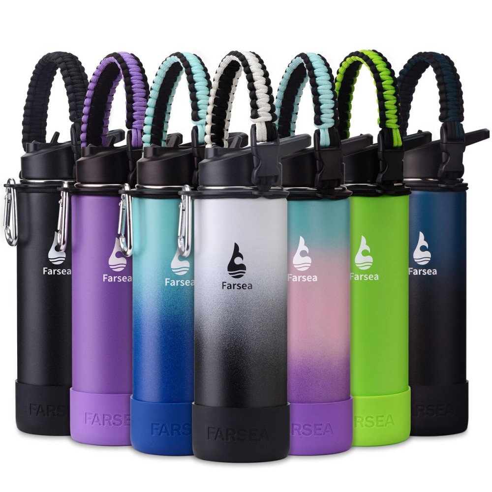 Farsea Insulated Water Bottle With Paracord Handle, Protective Boot and 2 Lids (Straw Lid & Spout Lid), Stainless Steel Water Bottle Wide Mouth, Double Wall Sweat-Proof BPA-Free, 24 oz