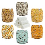 Mama Koala 3.0 Pocket Cloth Diapers for Babies with Suede Lining, 6 Pack with 6 4-Layer Natural Cloth Diaper Inserts - Reusable and Washable Pocket Diapers (S-Hardworking Bees)