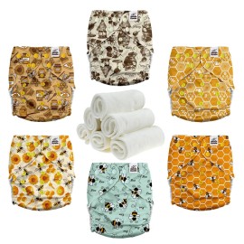 Mama Koala 3.0 Pocket Cloth Diapers for Babies with Suede Lining, 6 Pack with 6 4-Layer Natural Cloth Diaper Inserts - Reusable and Washable Pocket Diapers (S-Hardworking Bees)