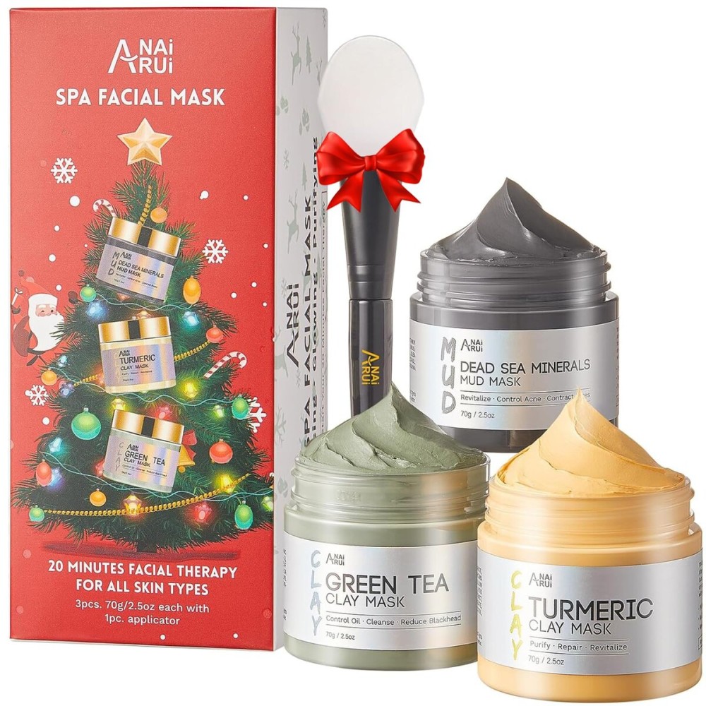 ANAI RUI 3 Pack Face Mask Gift Set,Christmas Facial Mask Set,Turmeric Clay Mask - Green Tea Mud Mask - Dead Sea Minerals Mud Mask Stocking Stuffers for Women &Teen Girl 2.5 oz each