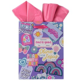 Christian Art Gifts Medium Portrait Gift Bag & Tissue Paper Set for Girls: Shine for Jesus Inspirational Scripture, Multicolor Purple & Pink Shiny Stickered Design, You are Special, Cute Satin Handles