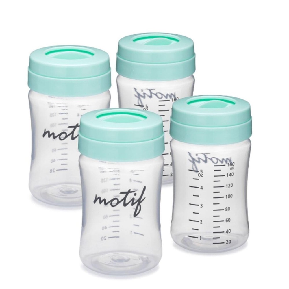 Motif Medical Breast Milk Storage Bottles for Luna Breast Pump - Durable Plastic Breastfeeding Essentials w/Locking Rings, Lids & Nipple Caps - Breast Milk Container (Set of 4, 160 ml)