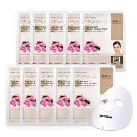 DERMAL Bee Venom Collagen Essence Korean Facial Mask Sheet Pack of 10 - Soothing and Hydrating Irritated Skin - Hypoallergenic Skin Friendly Sheet