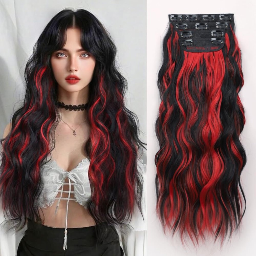 ALXNAN Clip in Long Wavy Hair Extension 24 Inch Black Red Highlights Hair Extensions 4PCS Thick Hairpieces Fiber Double Weft Hair for Women