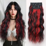 ALXNAN Clip in Long Wavy Hair Extension 24 Inch Black Red Highlights Hair Extensions 4PCS Thick Hairpieces Fiber Double Weft Hair for Women