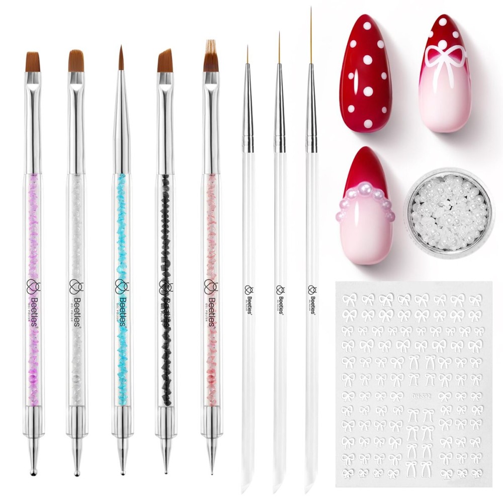 Beetles Nail Art Brushes 8pcs - Crystal Nail Art Tools 5pcs Double-headed Nails Dotting Tool, 3pcs Striping Liner Brushes for Nails with Pearls Bowknot Stickers, DIY Home Salon Manicure Design Tools