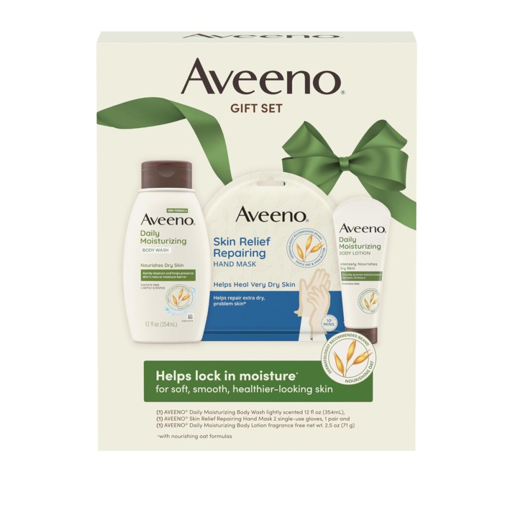 Aveeno Daily Moisture Gift Set, Skincare Set for Dry Skin with Nourishing Body Lotion, Moisturizing Body Wash, & Skin Relief Hand Mask, Formulated with Prebiotic Oat, Paraben-Free, 3 Items