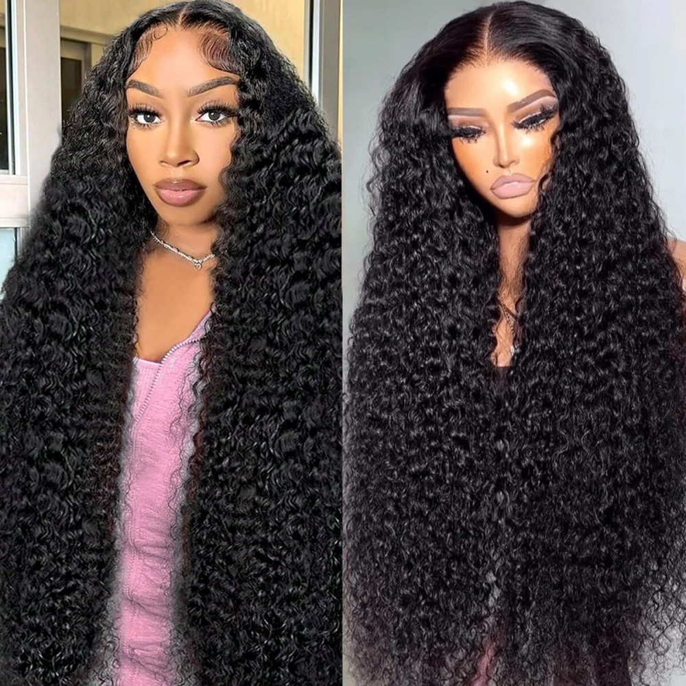 13x6 Deep Wave Lace Front Wigs - 200% Density HD Transparent Frontal Wigs - Glueless, Pre-Plucked with Baby Hair - Natural Black (30Inch)