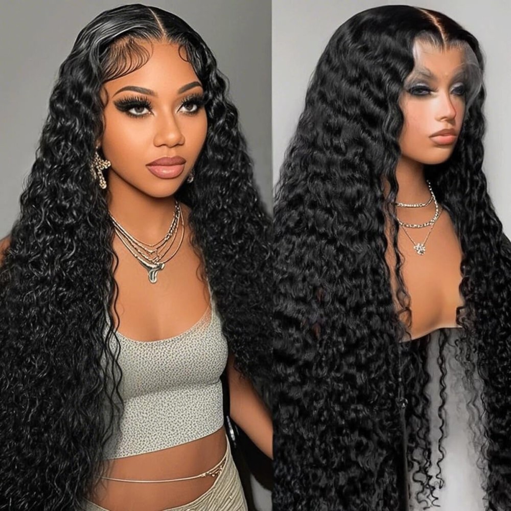 13x6 Deep Wave Lace Front Wigs 200% Density 13x6 HD Transparent Frontal Wigs for Women Deep Curly Glueless Wigs Pre Plucked with Baby Hair Natural Black (32Inch)
