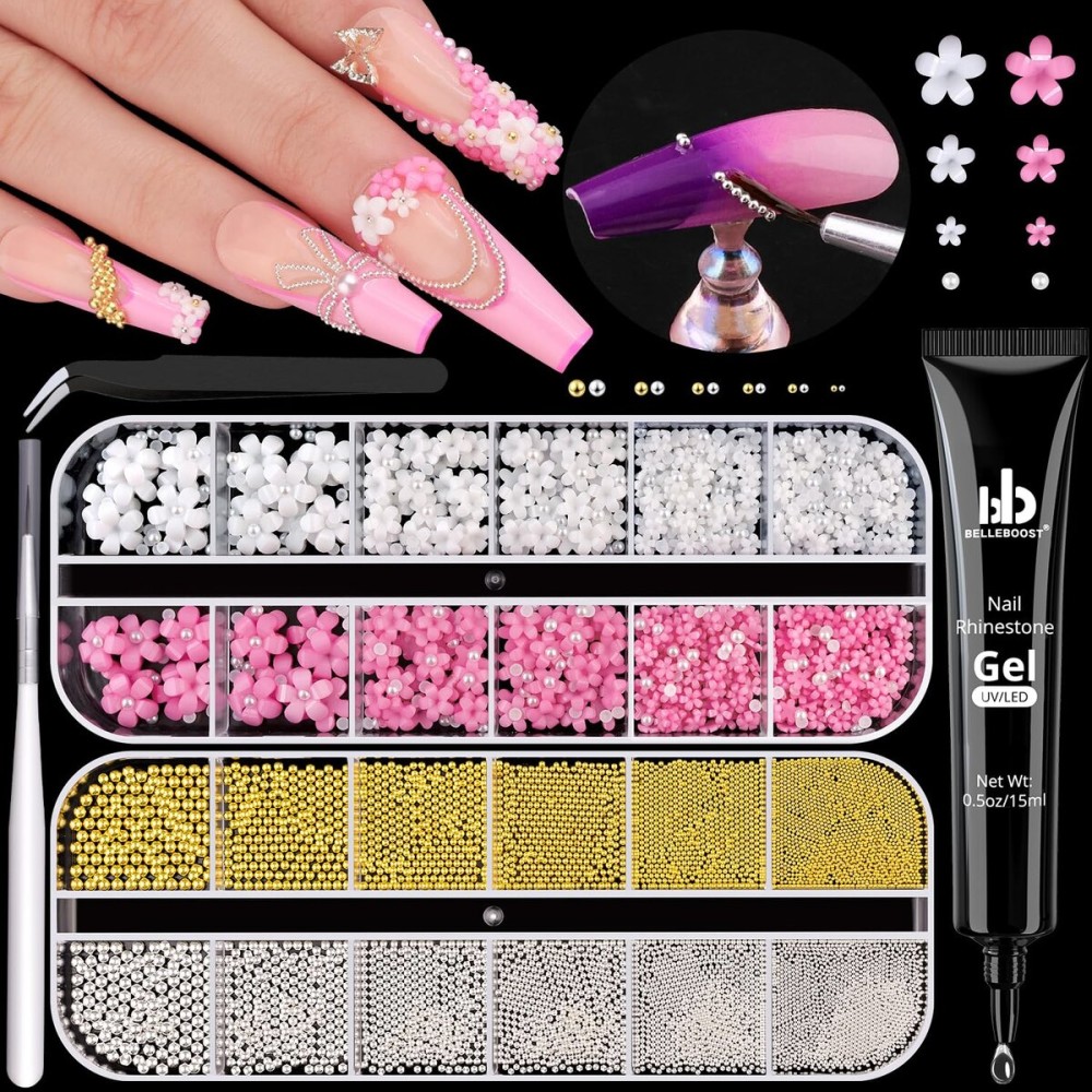 Metal Nail Beads (Silver+Gold), 3D Flowers With Rhinestones, Glue Gel for Art, Flatback Pearls (White), Blossom Pearl Charms, Round Caviar Beads, Accessories for Manicure Decor