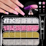 Metal Nail Beads (Silver+Gold), 3D Flowers With Rhinestones, Glue Gel for Art, Flatback Pearls (White), Blossom Pearl Charms, Round Caviar Beads, Accessories for Manicure Decor