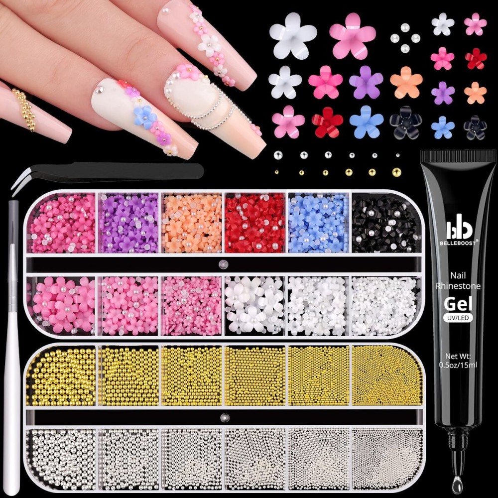 Metal Nail Beads (Silver+Gold) and Colorful 3D Flowers With Rhinestones Glue Gel for Art, Flatback Pearls (White) Blossom Pearl Charms and Round Caviar Beads for Manicure Decor