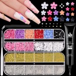 Metal Nail Beads (Silver+Gold) and Colorful 3D Flowers With Rhinestones Glue Gel for Art, Flatback Pearls (White) Blossom Pearl Charms and Round Caviar Beads for Manicure Decor