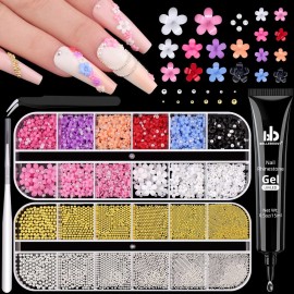 Metal Nail Beads (Silver+Gold) and Colorful 3D Flowers With Rhinestones Glue Gel for Art, Flatback Pearls (White) Blossom Pearl Charms and Round Caviar Beads for Manicure Decor
