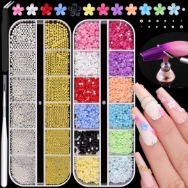 Metal Nail Beads (Silver+Gold) and Colorful 3D Flowers for Art, Half Flatback Pearls (White) Blossom Pearl Charms and Round Caviar Beads for Acrylic Tips Manicure Decor