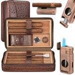 TISFA Cigar Case, Leather Cigar Humidor with Cigar Lighter, V Cut Cigar Cutter, Cigar Holder 3 in 1, Portable Cedar Wood Cigar Box with Humidifier Hygrometer, Cigar Accessories Gifts (Embossed Brown)