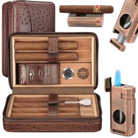 TISFA Cigar Case, Leather Cigar Humidor with Cigar Lighter, V Cut Cigar Cutter, Cigar Holder 3 in 1, Portable Cedar Wood Cigar Box with Humidifier Hygrometer, Cigar Accessories Gifts (Embossed Brown)