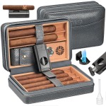 TISFA Cigar Humidor Case Leather Cedar Wood Lined Cigar Box with Cigar Lighter, V Cutter, Holder Stand 3 in 1, Hygrometer Humidifier 2 in 1, Travel Humidor Cigar Case Hold 6 Cigars (Textured Gray)