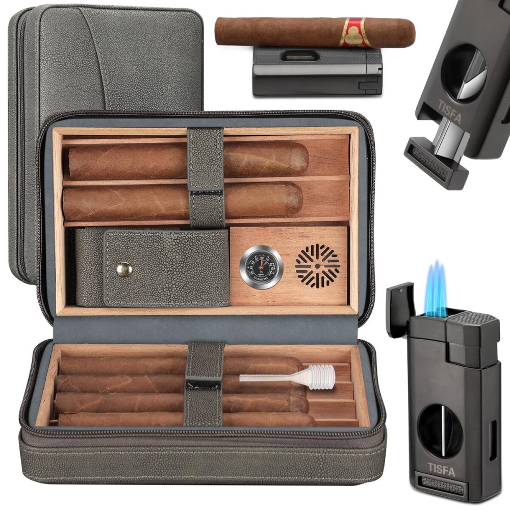 TISFA Cigar Humidor and Cigar Lighter Set, Portable Cigar Travel Case with Multifunctional Lighter, Includes Cigar V Cutter, Cigar Holder, Leather Humidor Cigar Box Cigar Gifts for Men (Stone Gray)