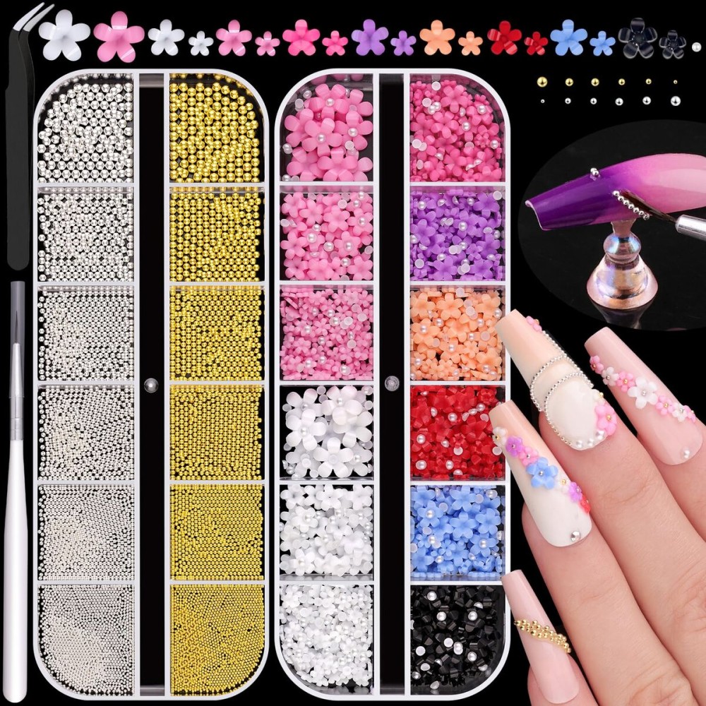 2 Boxes Metal Nail Beads (Silver+Gold) and Colorful 3D Flowers for Nail Art, Flatback Pearls (White) Blossom Pearl Nail Charms and Round Caviar Beads for Acrylic Nail Tips Manicure Decor